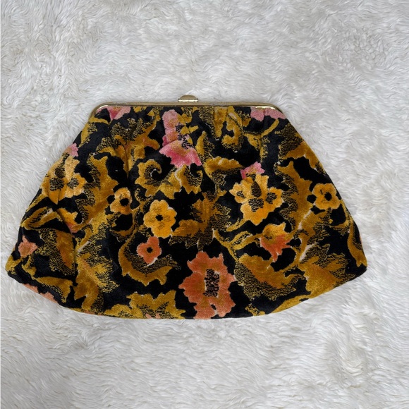 Vintage Floral Carpet Bag Floral Velvet Burnout Clutch Large Black Marigold Pink - Picture 2 of 9